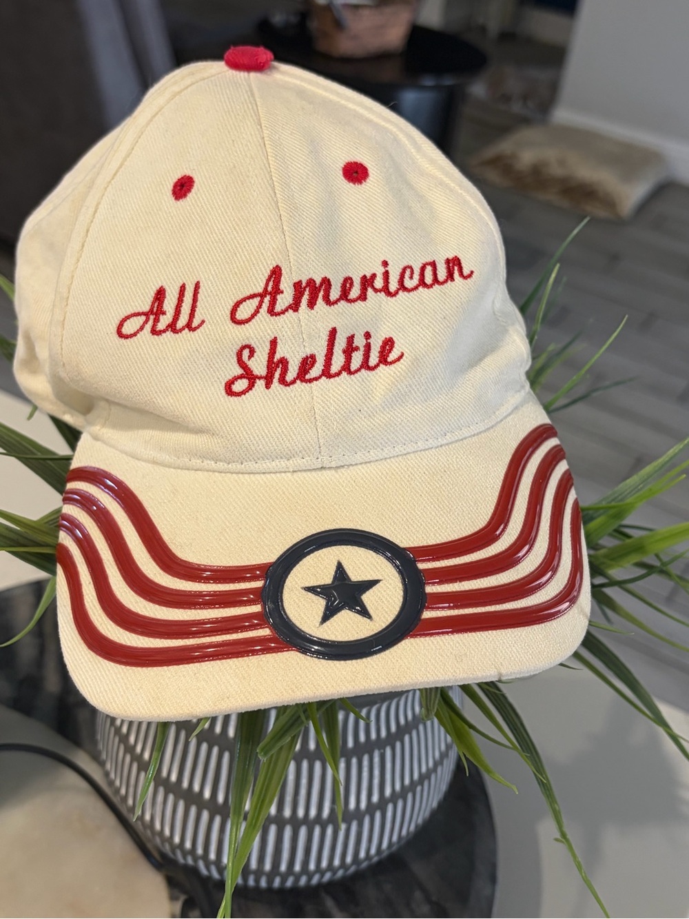 All American Sheltie Embroidered Baseball Cap - Cream and Red